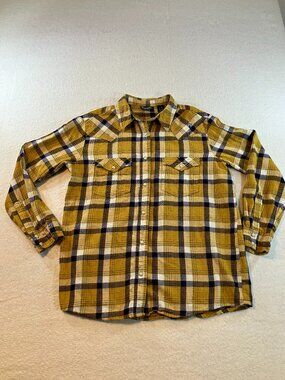 Wrangler Retro Yellow Plaid Western Pearl Snap Flannel Shirt Size M